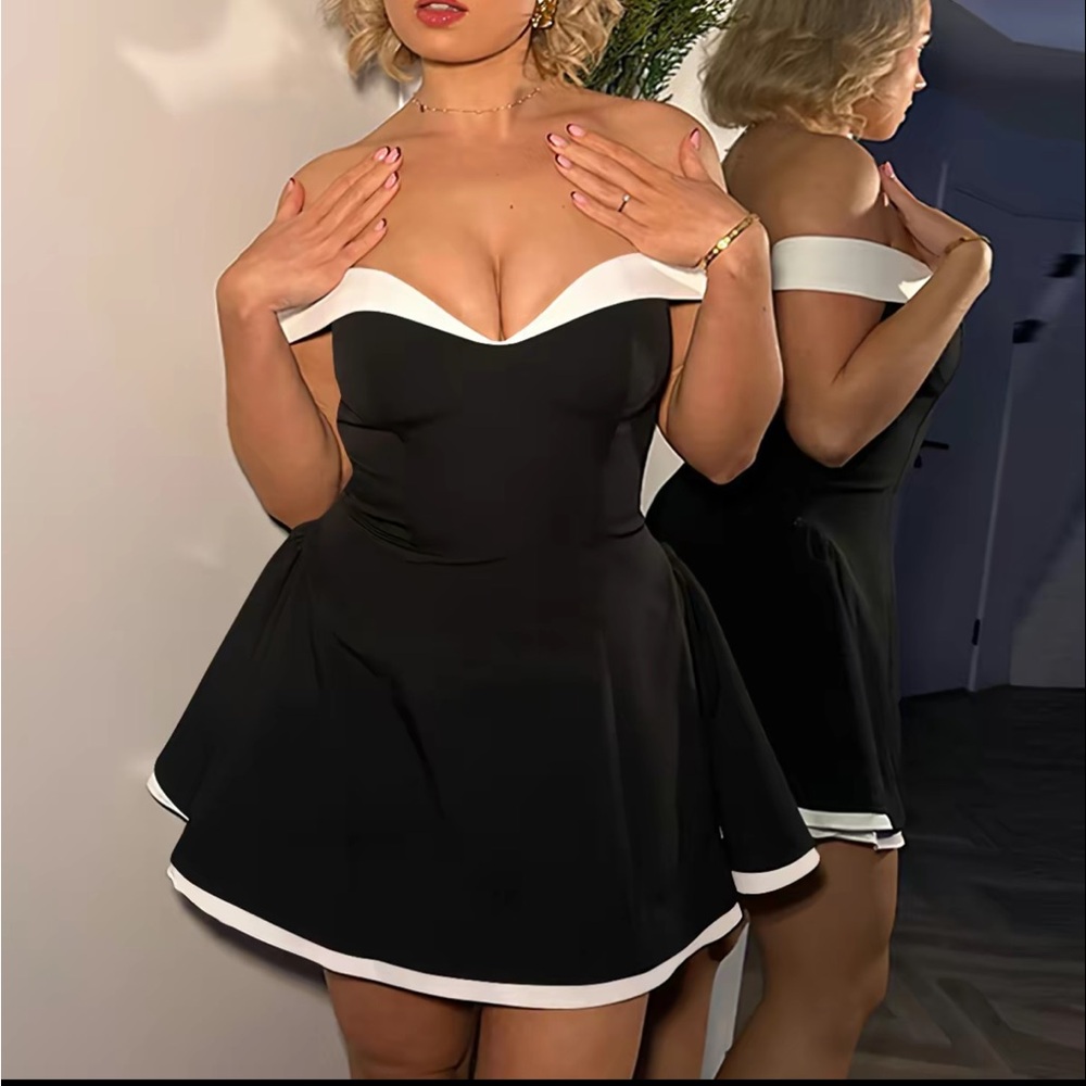Tiktok shop OYV Women's Colorblock Off Shoulder A Line Dress Mini Dresses